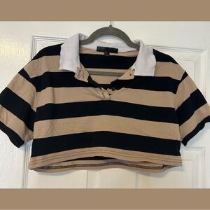 Tan & black striped cropped polo top
